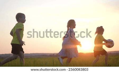 children run in the park silhouette a playing ball. happy family kid dream concept. group of children playing catch-up holding a ball silhouette in nature. family children run in the park lifestyle