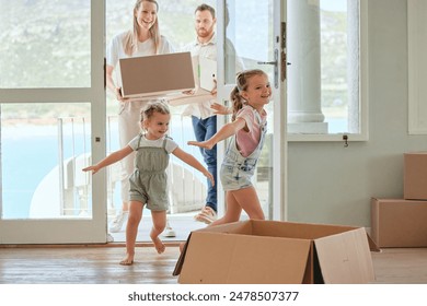 Children, running and family moving in home, new apartment and real estate investment or property mortgage. Parents, boxes and girl kids with playing airplane in doorway, entrance and happiness.