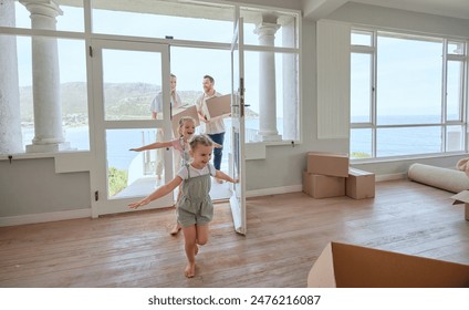 Children running, parents and new home or excited for moving in, mortgage and real estate at front door entrance. Happy family, kids and people walk in dream house or property in California by beach - Powered by Shutterstock