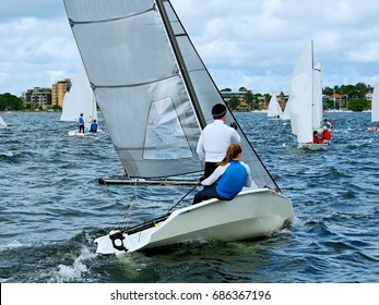 Children Sailing in High  School  Sailing  Championships. 
Belmont, Lake Macquarie, New South Wales, Australia.
