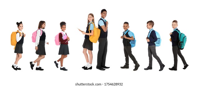 Children In School Uniforms On White Background. Banner Design