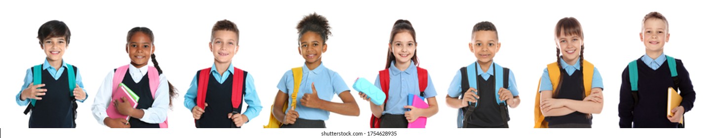 Children In School Uniforms On White Background. Banner Design