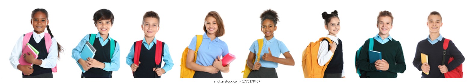 Children In School Uniforms On White Background. Banner Design