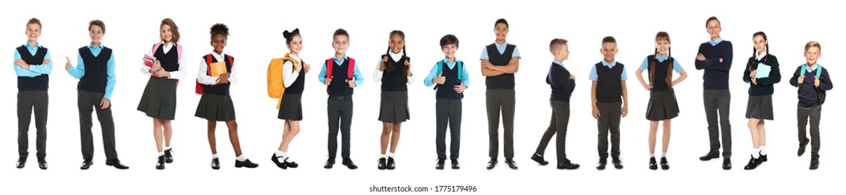 Children In School Uniforms On White Background. Banner Design