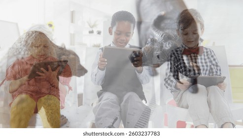 Children in school using tablets, engaging with digital learning content. Technology, education, e-learning, classroom, innovation, interactive