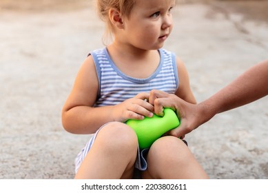 Children Sharing Toy Ball Squish. Brother And Sister Don't Sharing.