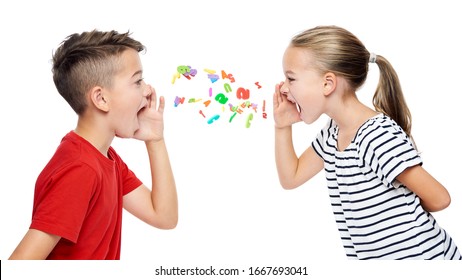 Children Shouting Out Alphabet Letters. Speech Therapy Concept Over White Background.