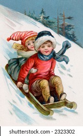 Children Sledding - A 1911 Vintage Illustration