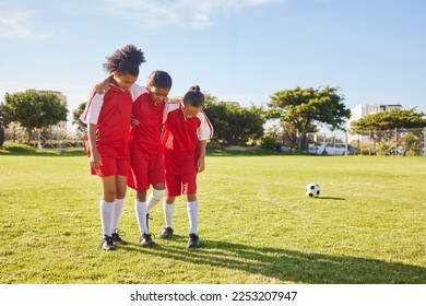 Children, soccer and girl team help, support and walking with injured friend at soccer field. Sports injury, kids and football player group helping, holding and carrying player for football accident - Powered by Shutterstock