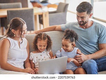 Children Streaming, Laptop Comedy And Parents Relax With Movie On Internet In Lounge, Family Watching Subscription Service Show And Funny Film. Kids With Movies On Computer With Mother And Father