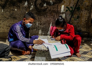 Children Study Outside Their Home, After A Schools A Closed Run By The United Nations (UNRWA). Amid New Measures To Counter The Spread Of COVID-19 Coronavirus, In Gaza Strip, On April 6, 2021. 