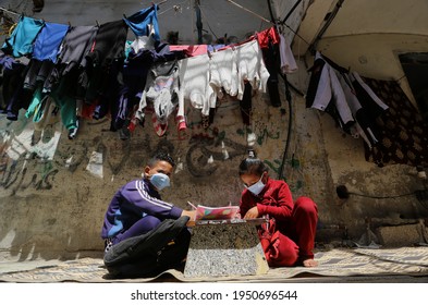 Children Study Outside Their Home, After A Schools A Closed Run By The United Nations (UNRWA). Amid New Measures To Counter The Spread Of COVID-19 Coronavirus, In Gaza Strip, On April 6, 2021. 