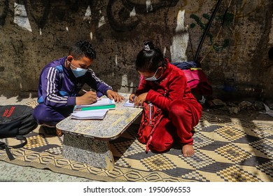 Children Study Outside Their Home, After A Schools A Closed Run By The United Nations (UNRWA). Amid New Measures To Counter The Spread Of COVID-19 Coronavirus, In Gaza Strip, On April 6, 2021. 