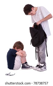 children suffering from bullying by a teen, isolated on white, studio shot