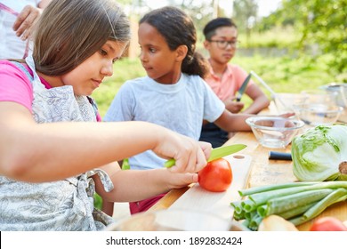 Children At Summer Camp Cooking Class Prepare Salad And Learn About Healthy Eating