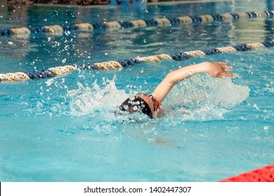 Children Swimming Freestyle. Indoor Swimming Pool With Clear Blue Water.