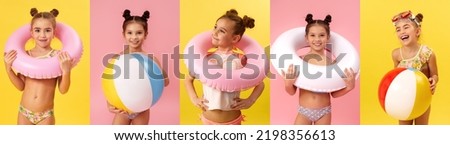 children in swimsuits, with inflatable rings, ball on color background