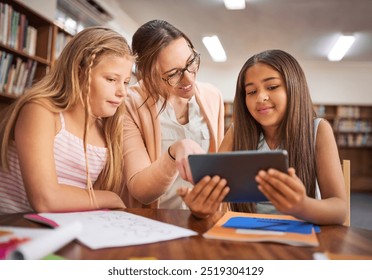 Children, teacher and helping with tablet for education, elearning and math game for numbers solving skill. School, educator and students in elementary for knowledge, multiplication and studying app - Powered by Shutterstock