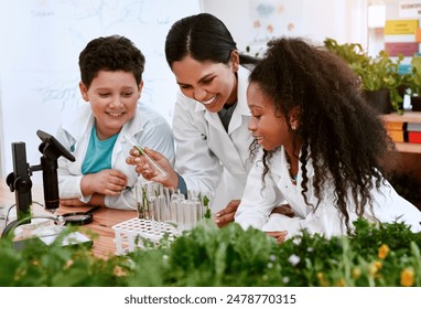 Children, teacher and school with plants in classroom for education, science and environmental awareness. People, students and happy with test tube for crop experiment, research and knowledge at lab - Powered by Shutterstock