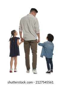 Children with their father on white background, back view