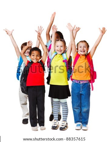 Children with their hands up, isolated
