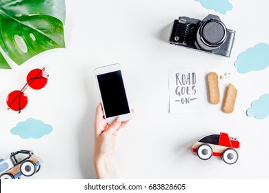 Children Tourism Outfit With Camera And Mobile On White Background Flat Lay Mockup