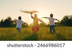 Children toy plane. Kite flies in hands of child in summer in park under sun. Children Boy, girl play with toy kite. Child