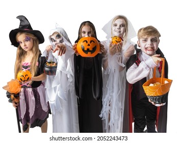 Children trick or treating on Halloween party, different costumes ghost, vampire, skeleton, witch, studio isolated on white background