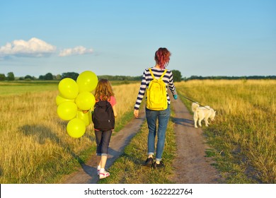 Children Two Girls Walking Along Country Road With White Dog And Yellow Balloons, Back View. Background Sunset, Blue Sky, Summer Meadow