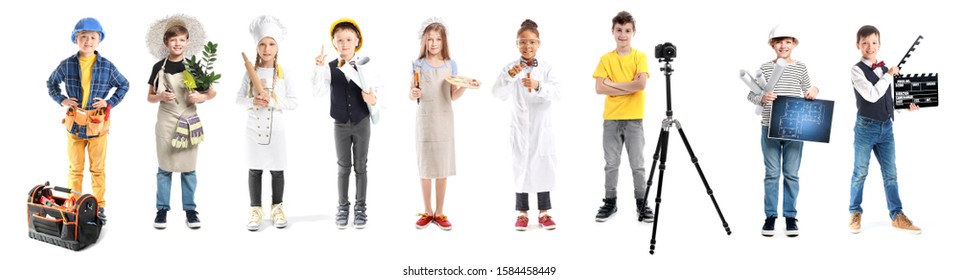 Children in uniforms of different professions on white background
