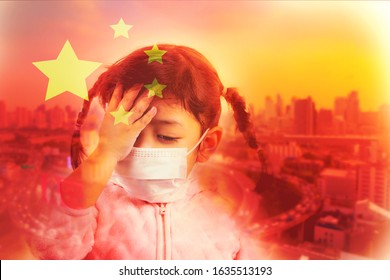Children Use Face Protection Mask To Protect Them From The Coronavirus In Wuhan China. Corona Virus Concept. China Put Mask To Fight Against Corona Virus.