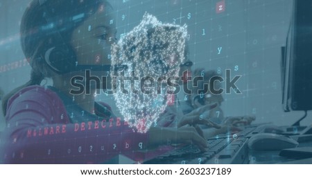 Children using computers with headset, digital security interface overlaying screen. Technology, cybersecurity, online, education, learning, school