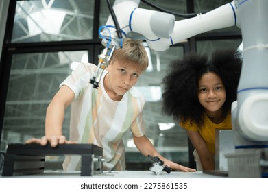 Children using the hand robot technology, Students are studying technology, which is one of the STEM courses.