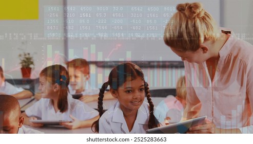 Children using tablets in classroom with data processing image over them. Education, technology, learning, digital, kids, interactive
