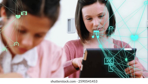 Children using tablets with digital network and data sharing image overlay. Technology, networking, communication, education, learning, devices