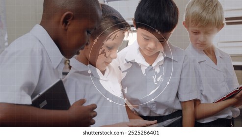 Children using tablets, digital world map and data processing image over them. Technology, education, visualization, learning, futuristic, interactive