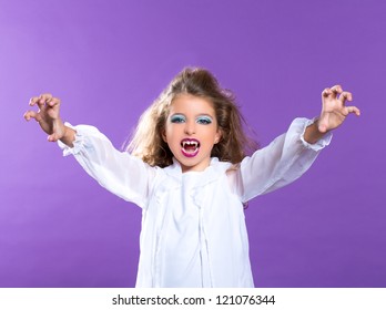 Children Vampire Makeup Kid Girl On Purple Background