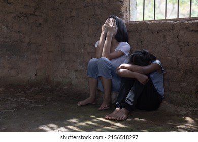 Children of victim in the old room, Human trafficking - Shutterstock ID 2156518297