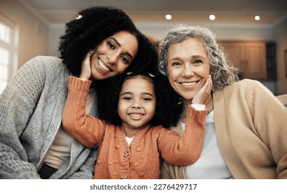 Children, women and grandparents with the portrait of a black family bonding together in their home. Kids, love or relatives with a parent, senior grandmother and girl relaxing in the living room - Shutterstock ID 2276429717