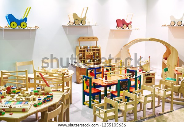 Children wooden
furniture and toys in the
store
