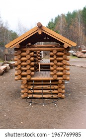 Children Wooden House On The Playground In The National Park. Outdoor Playground Outside The City.