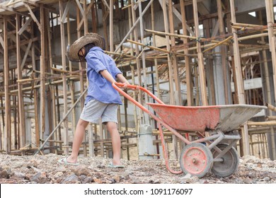 Children Working At Construction Site, Violence Children And Trafficking Concept,Anti-child Labor, Rights Day On December 10.