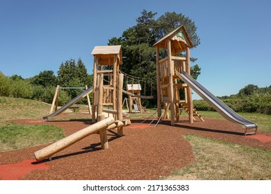 Children's Adventure Playground. New Wooden Play Park Apparatus For Kids. Get Active And Childhood Concept 