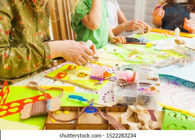 Children's Art Project, Craft For Children. Kids Doing Greeting Card At Creative Workshop With Teacher