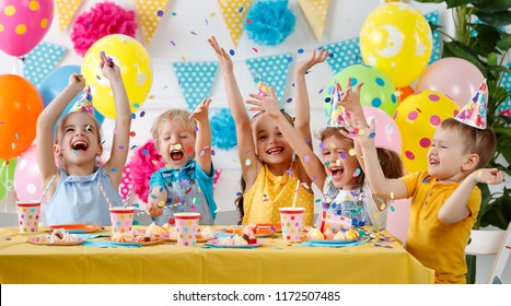 children's birthday. happy kids with cake and ballons