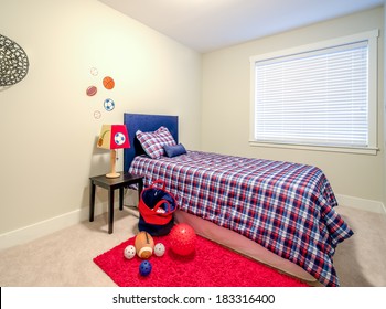 Children's Boy's Blue And Red Bedroom Playroom. Interior Design.