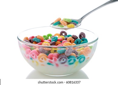 Childrens Breakfast Cereal Loops With Milk. Isolated On White