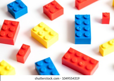 Childrens Building Blocks Similar To Legos, Yellow Red And Blue