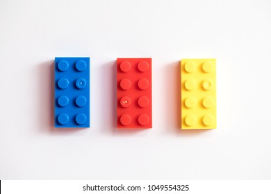 Childrens Building Blocks Similar To Legos, Yellow Red And Blue