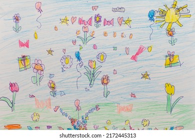 Children's Colorful Drawing With A Pencil And Pen Of A Ukrainian Girl, Art Therapy